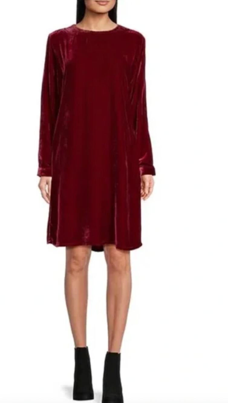 EILEEN FISHER Stretch Velvet Silk Bateau-Neck Long Sleeve Dress Small